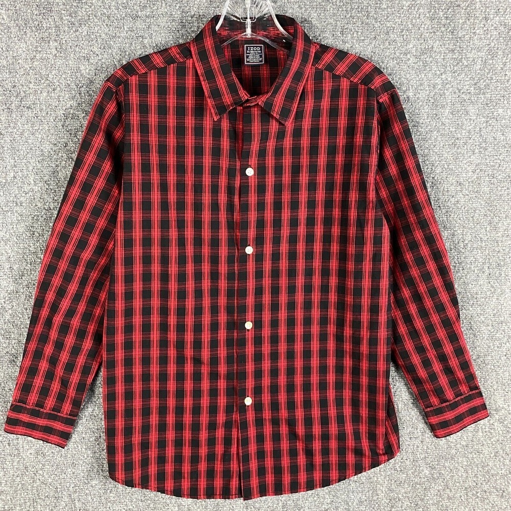 Izod Button Up Shirt Boys XL 14/16 Long Sleeve Plaid Red Cotton Blend